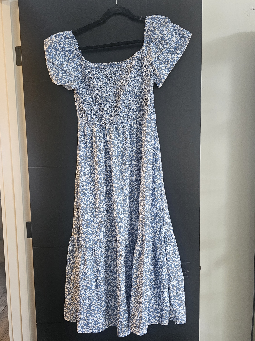 SHEIN Blue Floral Square-Neck Maxi Dress with Puff Sleeves